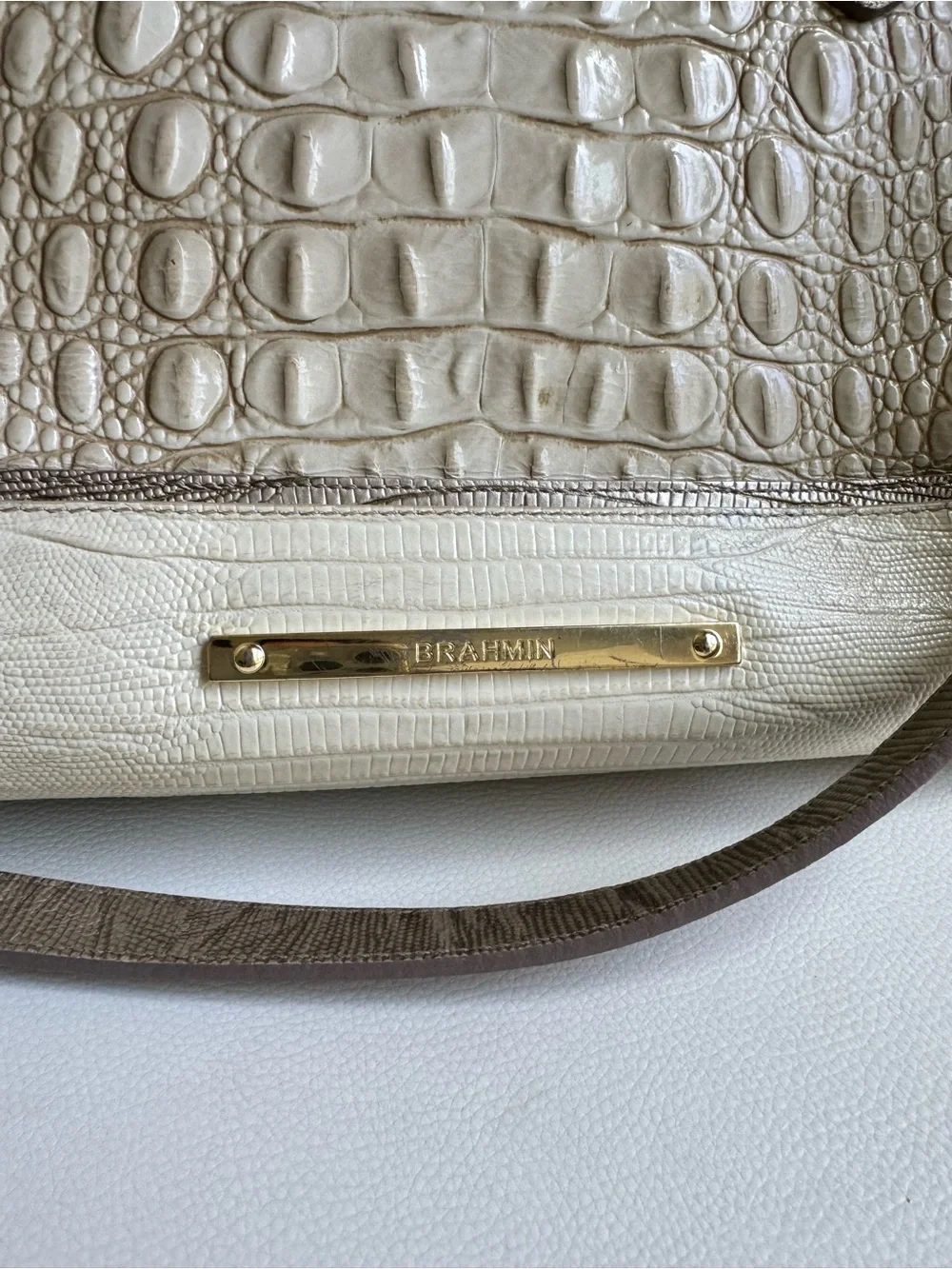 Brahmin Ivory Cream Croc Embossed Leather Large Tote Satchel Shoulder Bag